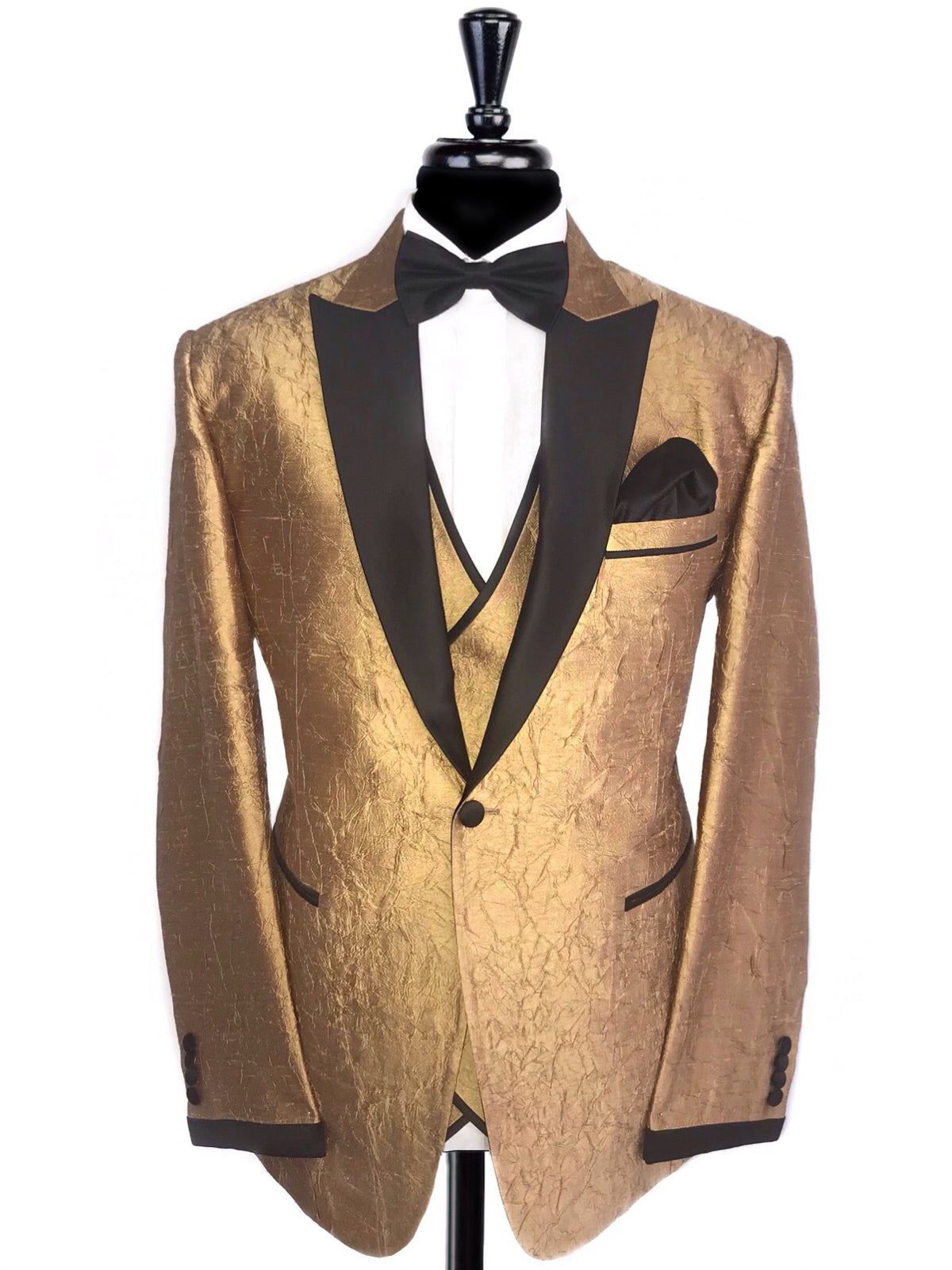 Gold Textured Black Satin Peak Lapel Tuxedo Jacket with Waistcoat Jack Michael Menswear