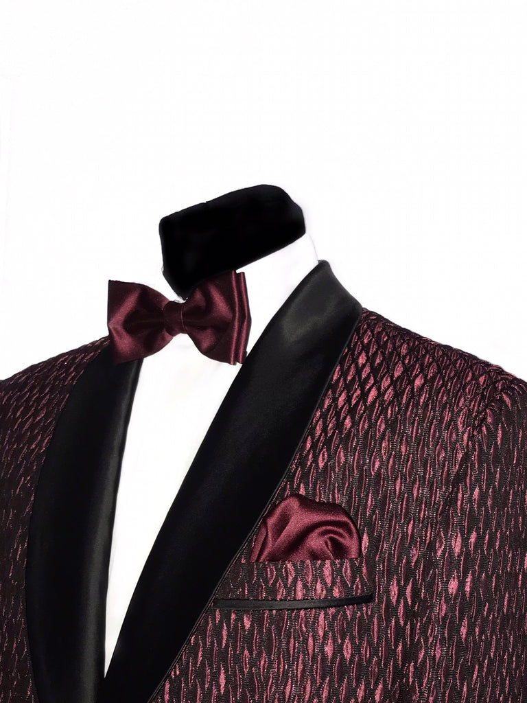Wine & Black Diamond Jacquard Print Tuxedo Jacket