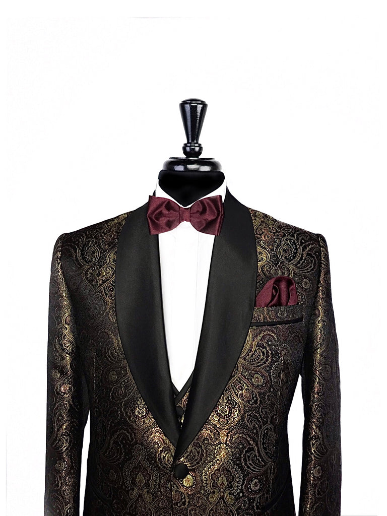 Gold & Maroon Paisley Print Tuxedo Jacket with Waistcoat