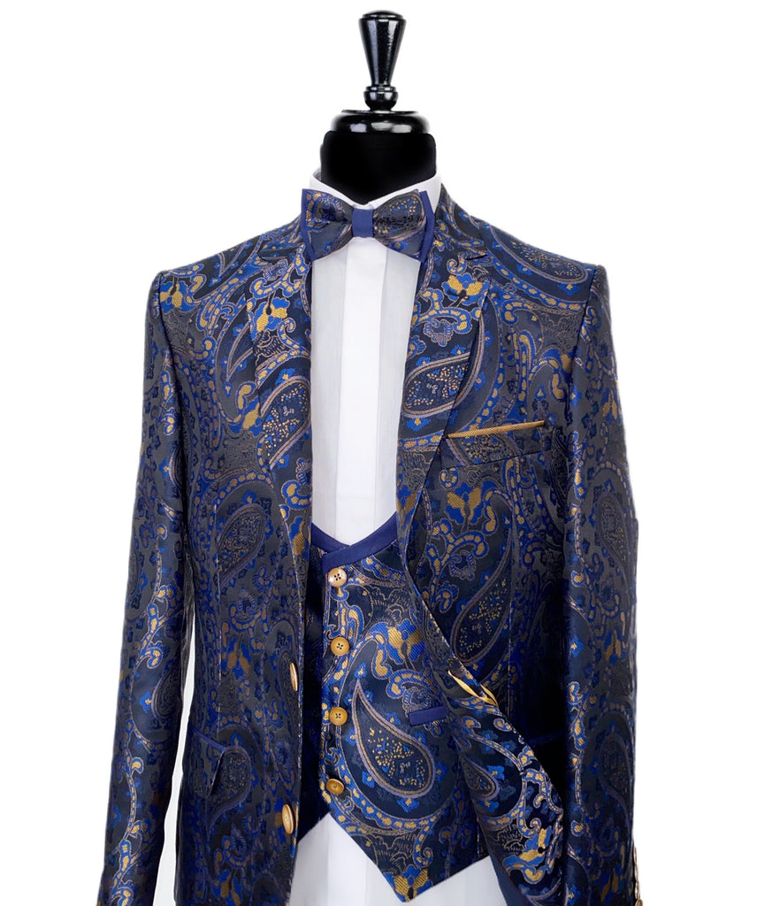 MAKROM Navy/Gold Paisley 5 Piece Suit