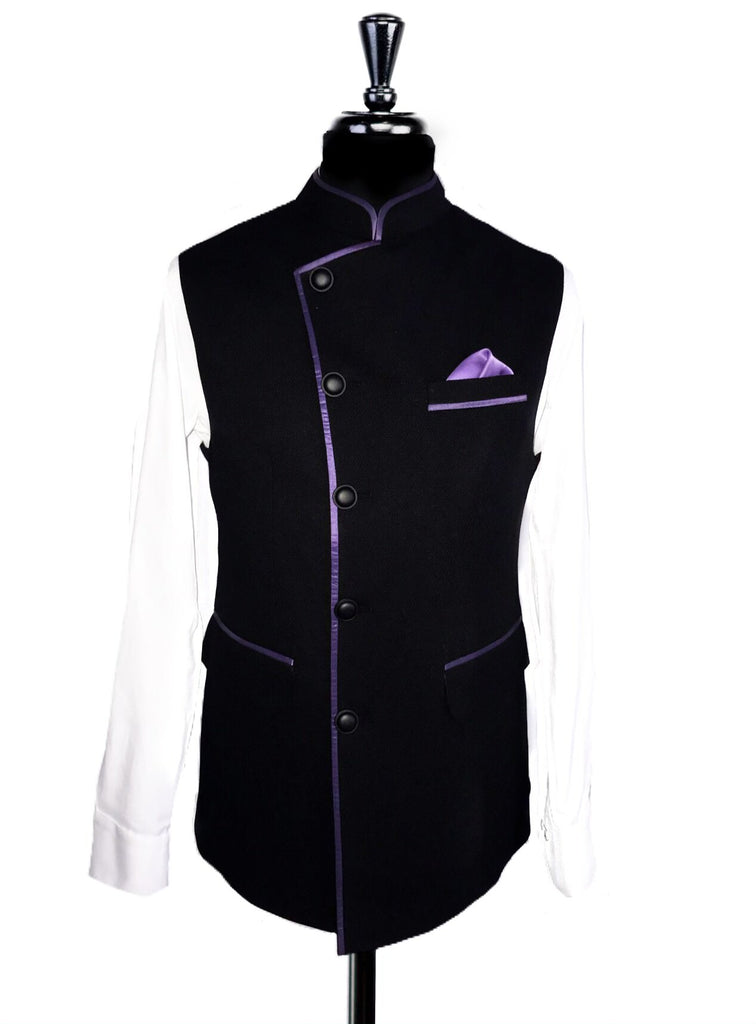 Black Fine Dot Texture & Purple Satin Pipping Nehru Waistcoat