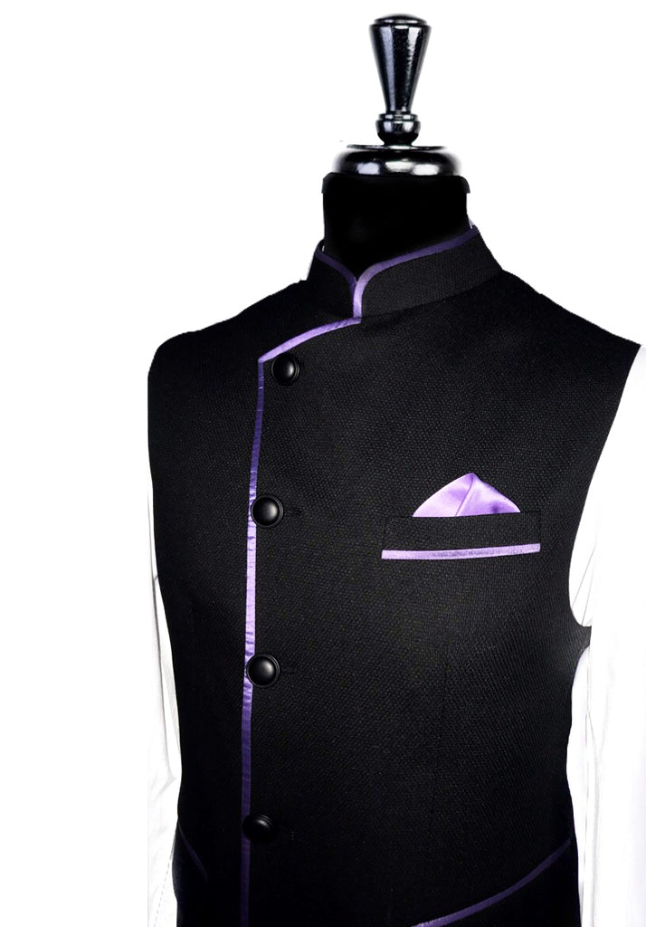 Black Fine Dot Texture & Purple Satin Pipping Nehru Waistcoat