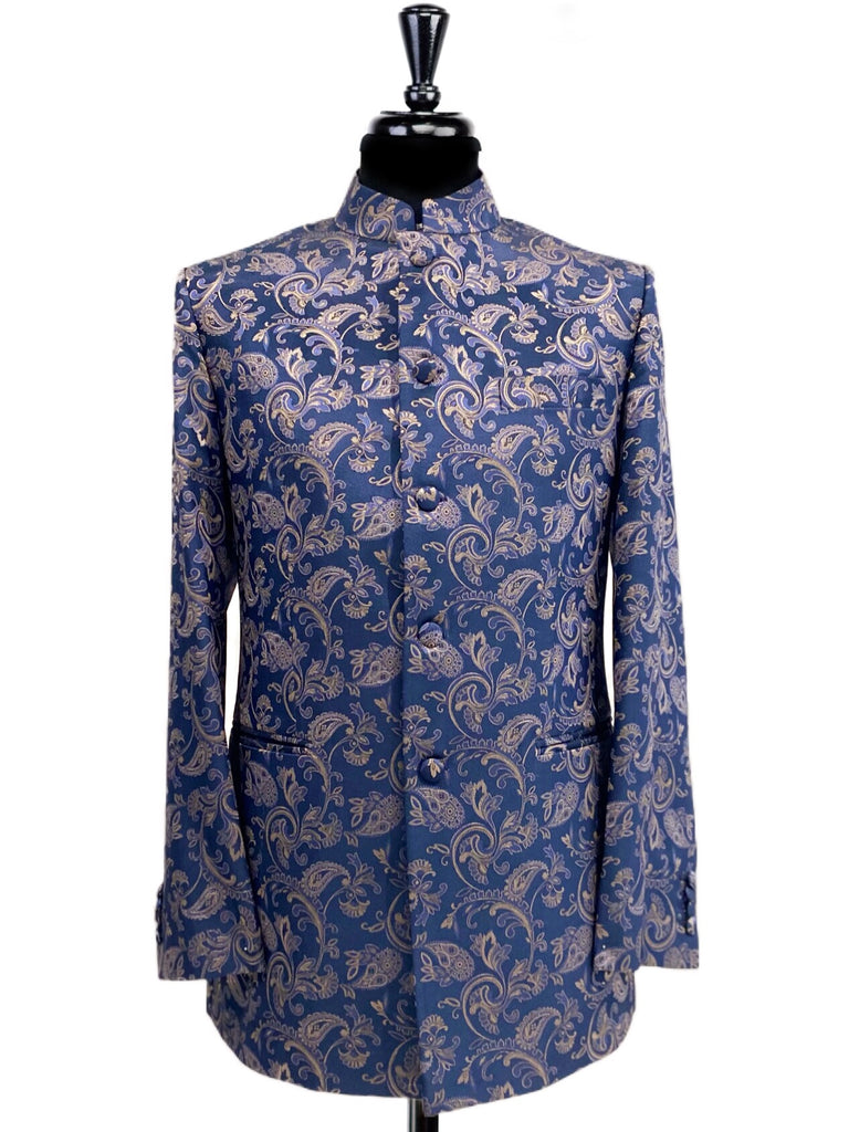 Royal Blue & Beige Floral Paisley Print Nehru Jacket