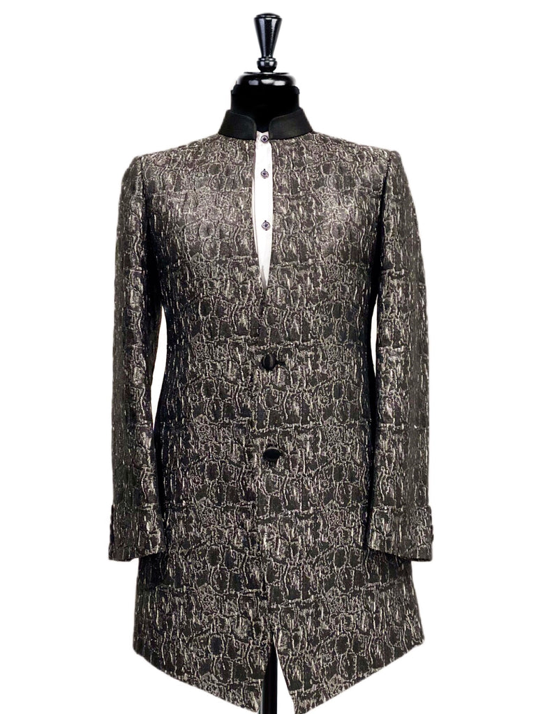 Grey & Black Jacquard Textured Print Sherwani Jacket