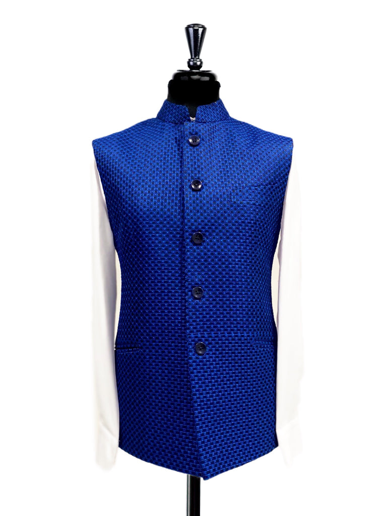 Royal Blue Square Textured Nehru Waistcoat