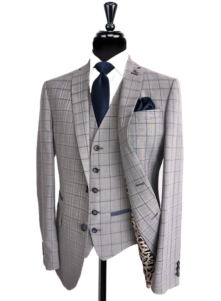 ANTIQUE ROGUE Grey/Blue Check 3 Piece Suit