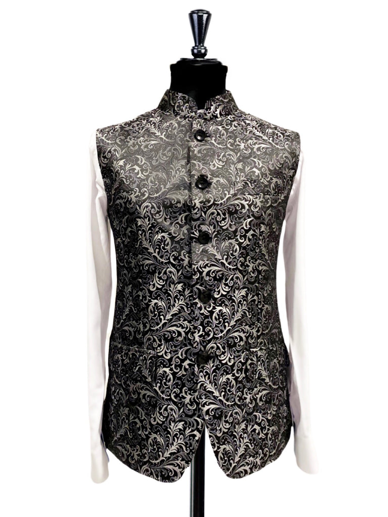 Black & Grey Paisley Print Nehru Waistcoat