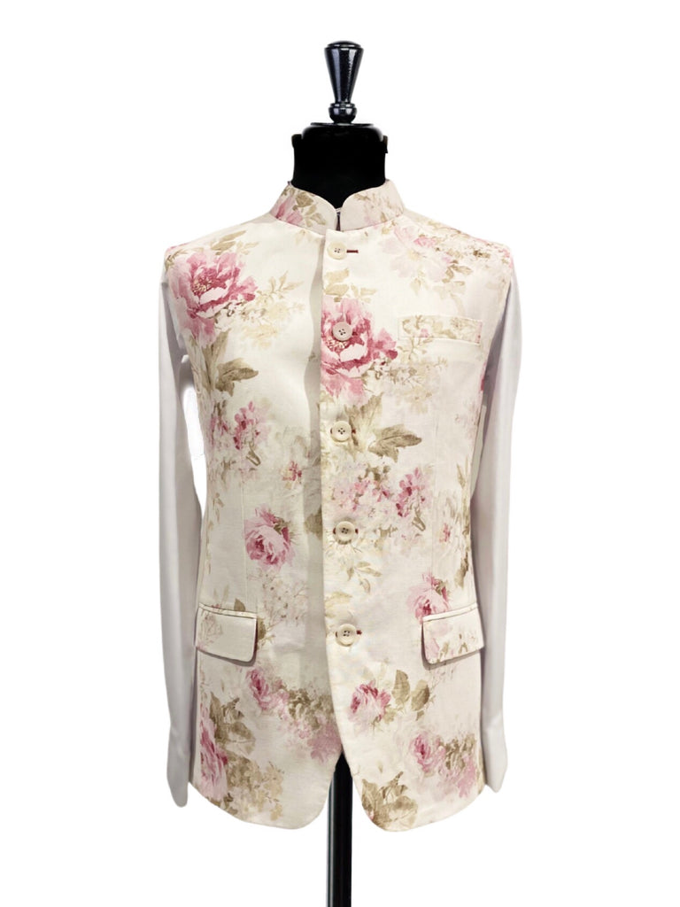 Cream & Pink Floral Print Nehru Waistcoat