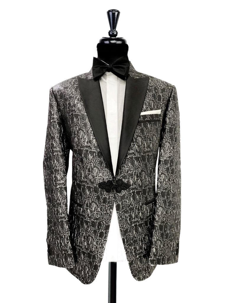 Grey & Black Jacquard Texture Print Tuxedo Jacket