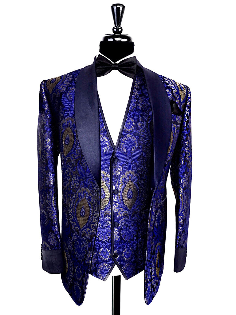 Royal Blue & Gold Jacquard Tuxedo Jacket with Matching Waistcoat