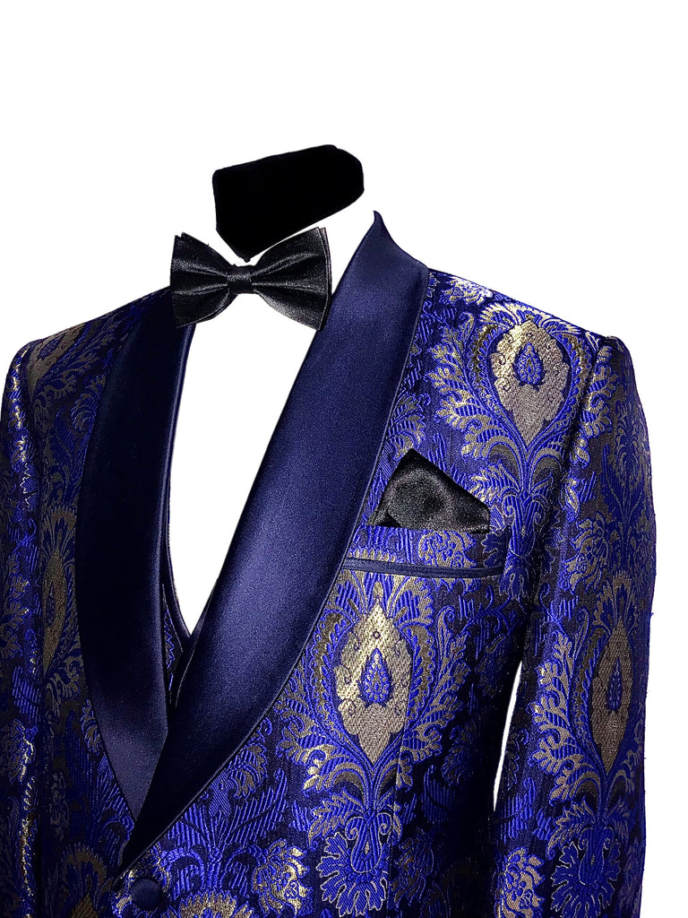 Royal Blue & Gold Jacquard Tuxedo Jacket with Matching Waistcoat