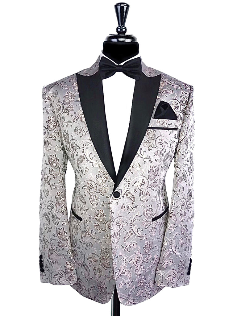 Silver & Beige Paisley Print Tuxedo Jacket