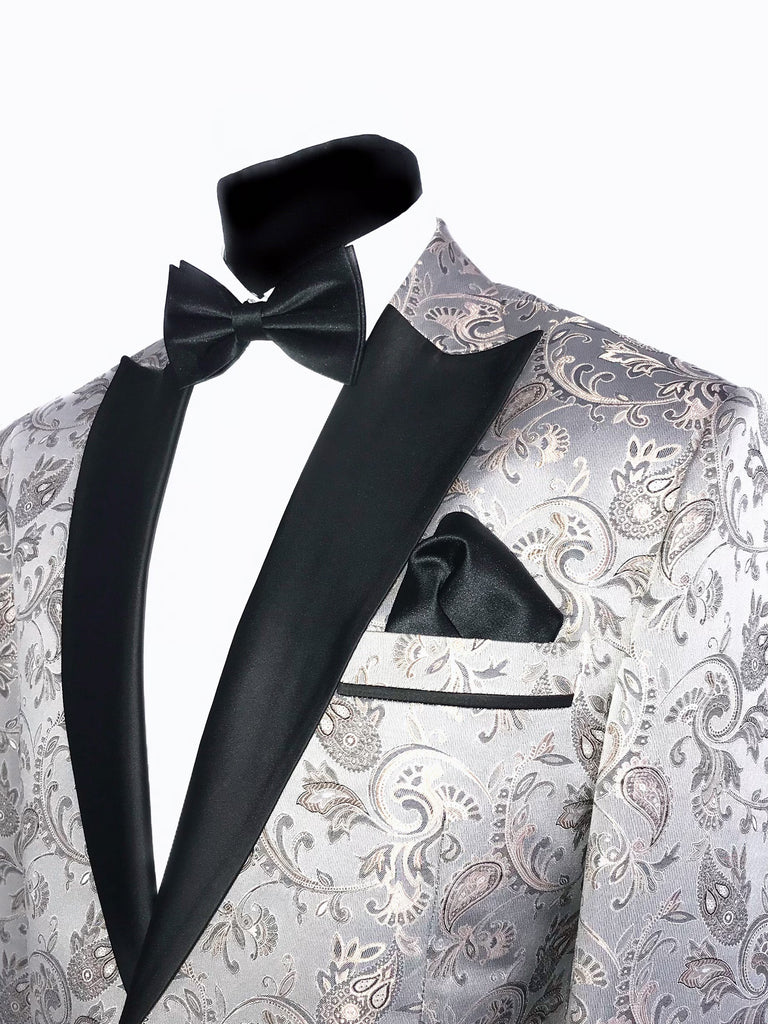Silver & Beige Paisley Print Tuxedo Jacket