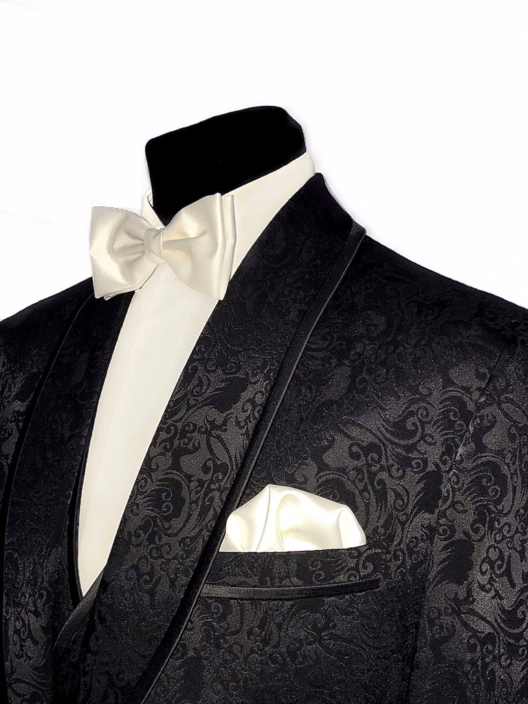 Black Floral Jacquard Tuxedo Jacket with Matching Waistcoat